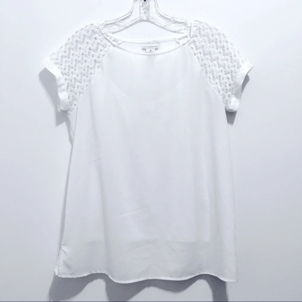 Liz Claiborne Women’s White Short Sleeve Lace Crochet Mesh Shoulder Shirt